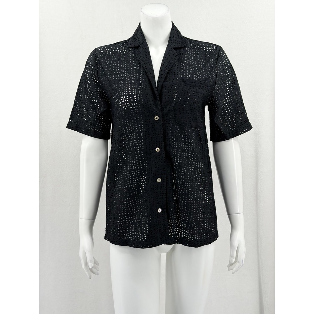 Negative Top Womens XS Navy Eyelet Lace Island Shirt Sheer Button Up Summer Pool
